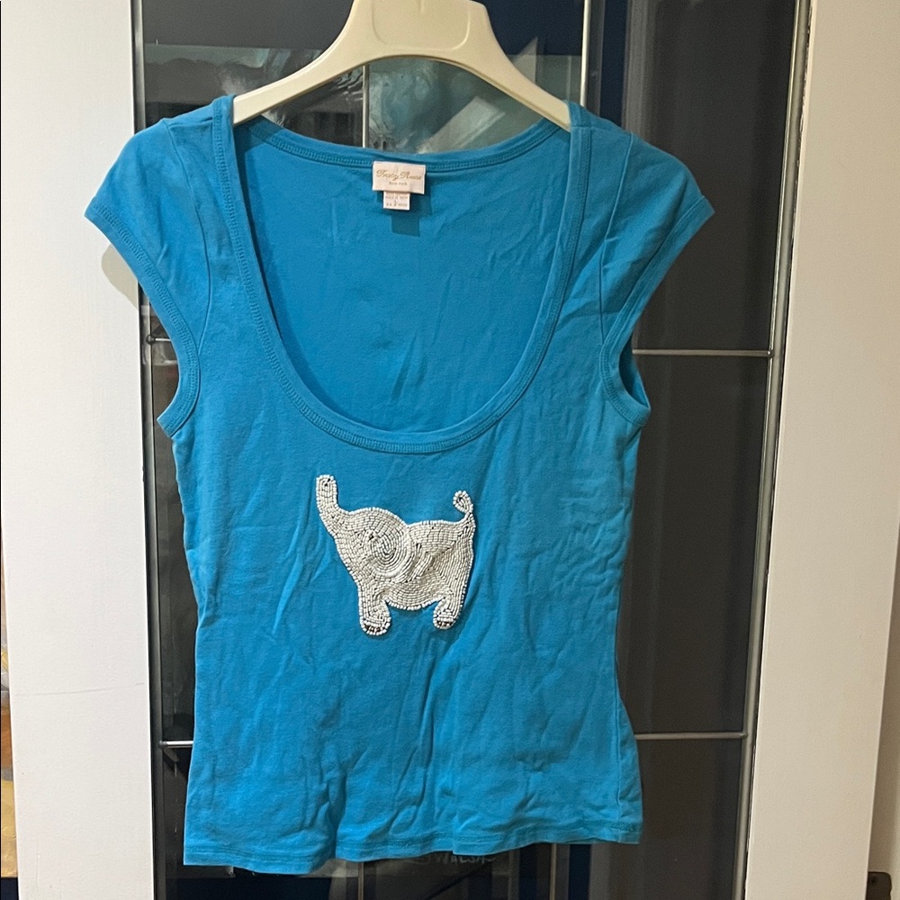 Tracy Reese Turquoise Top with Beaded Elephant